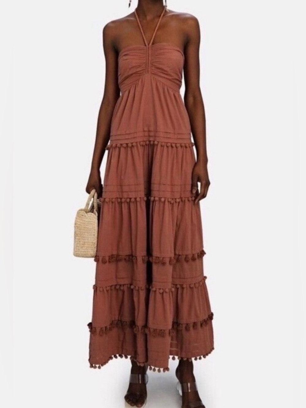 Intermix Strapless Tiered Maxi Halter Dress in Rust
